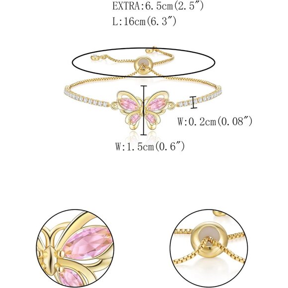 Women's Pink Butterfly Dainty Trendy Adjustable Tennis Slide Bracelets Jewelry - Picture 5 of 6